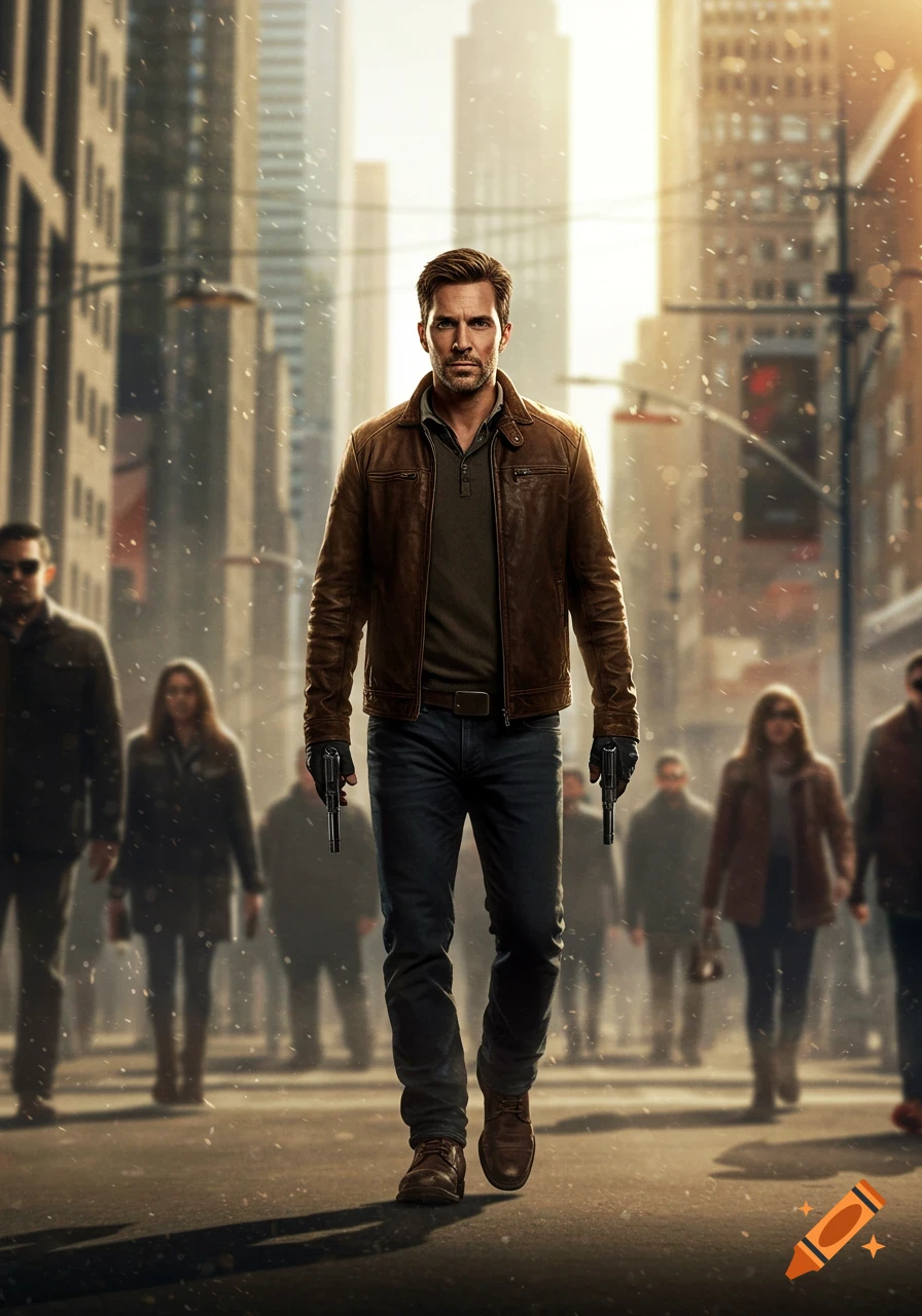 A serious man in a brown leather jacket and jeans walks forward holding two handguns, with blurred figures and city buildings behind him in hazy light.