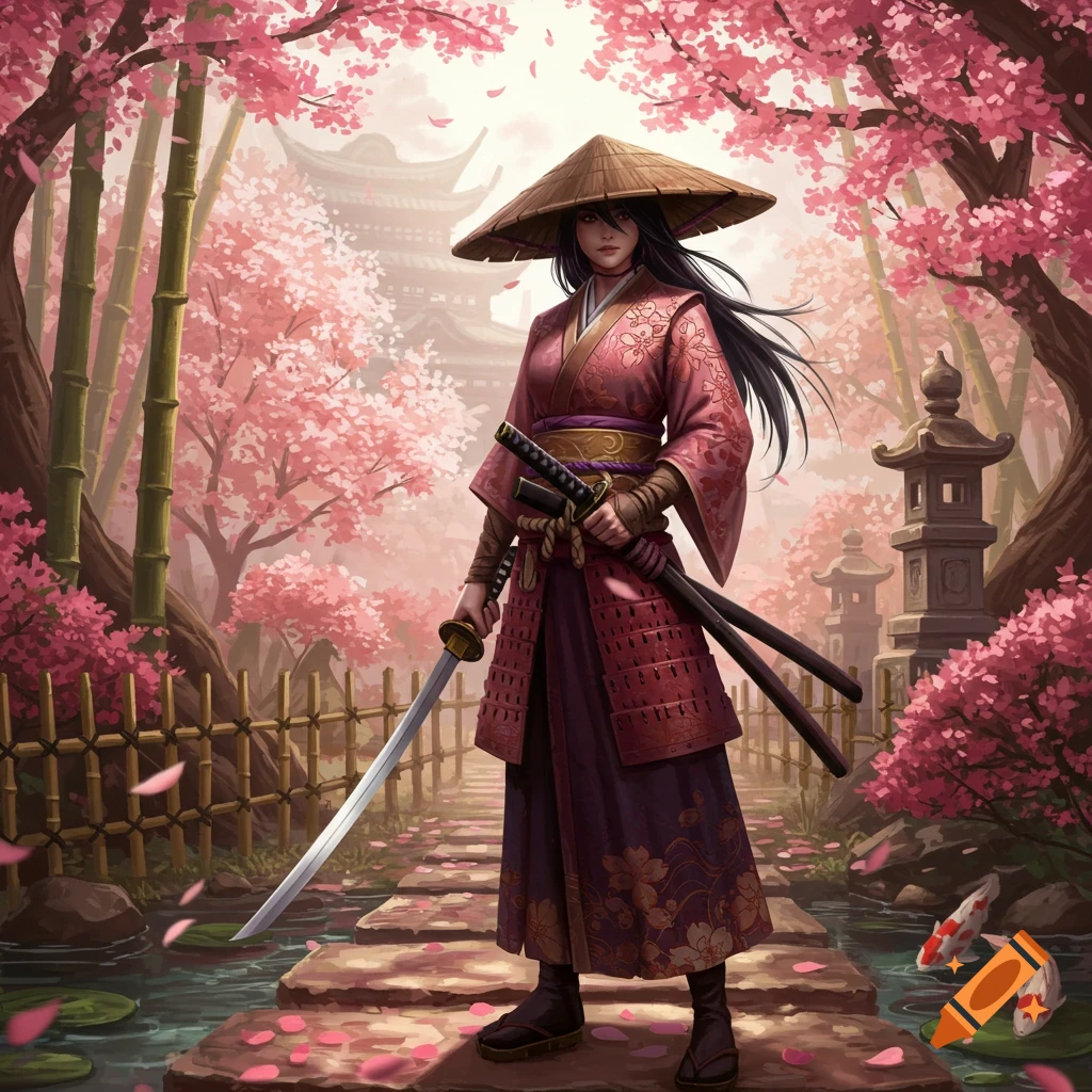 Anime female samurai in a kimono with a sword stands on stepping stones in a cherry blossom garden with a temple.