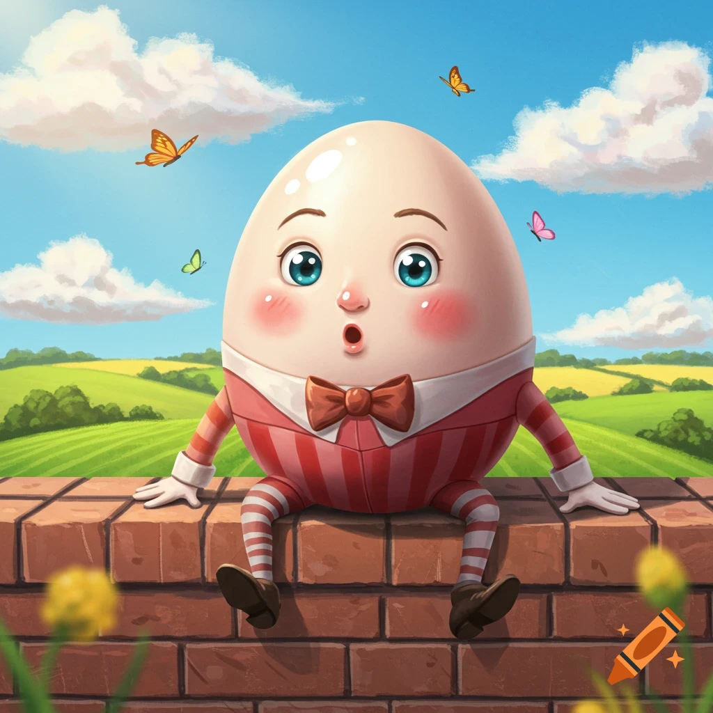 Humpty Dumpty, an egg-shaped character with a bowtie and rosy cheeks, sits on a brick wall with a green field and blue sky in the background.