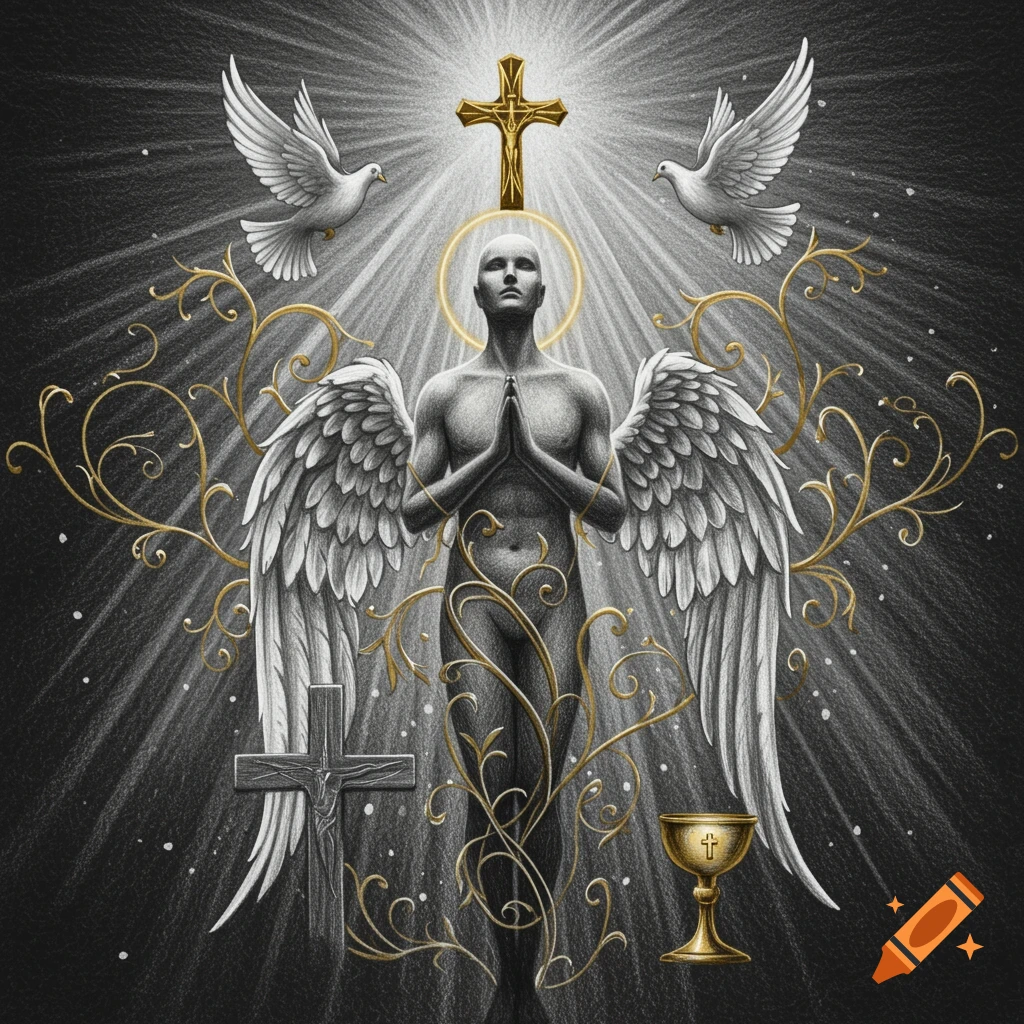 A spiritual drawing of a winged figure with hands clasped in prayer, surrounded by crosses, doves, and golden vines, with light rays behind.
