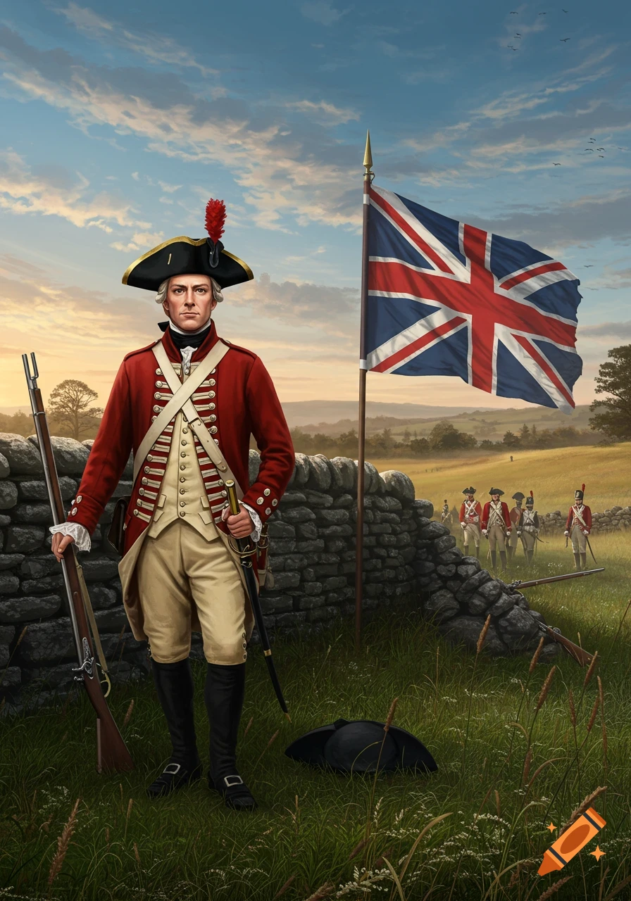 A British Redcoat soldier stands in a field holding a rifle and sword, with a Union Jack flag and other soldiers in the background at sunset.