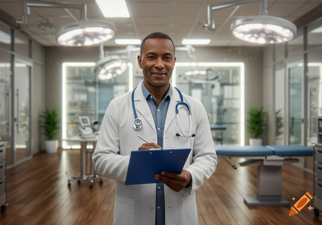 A smiling African American male doctor in a white lab coat and stethoscope holds a clipboard and pen in a modern medical room.