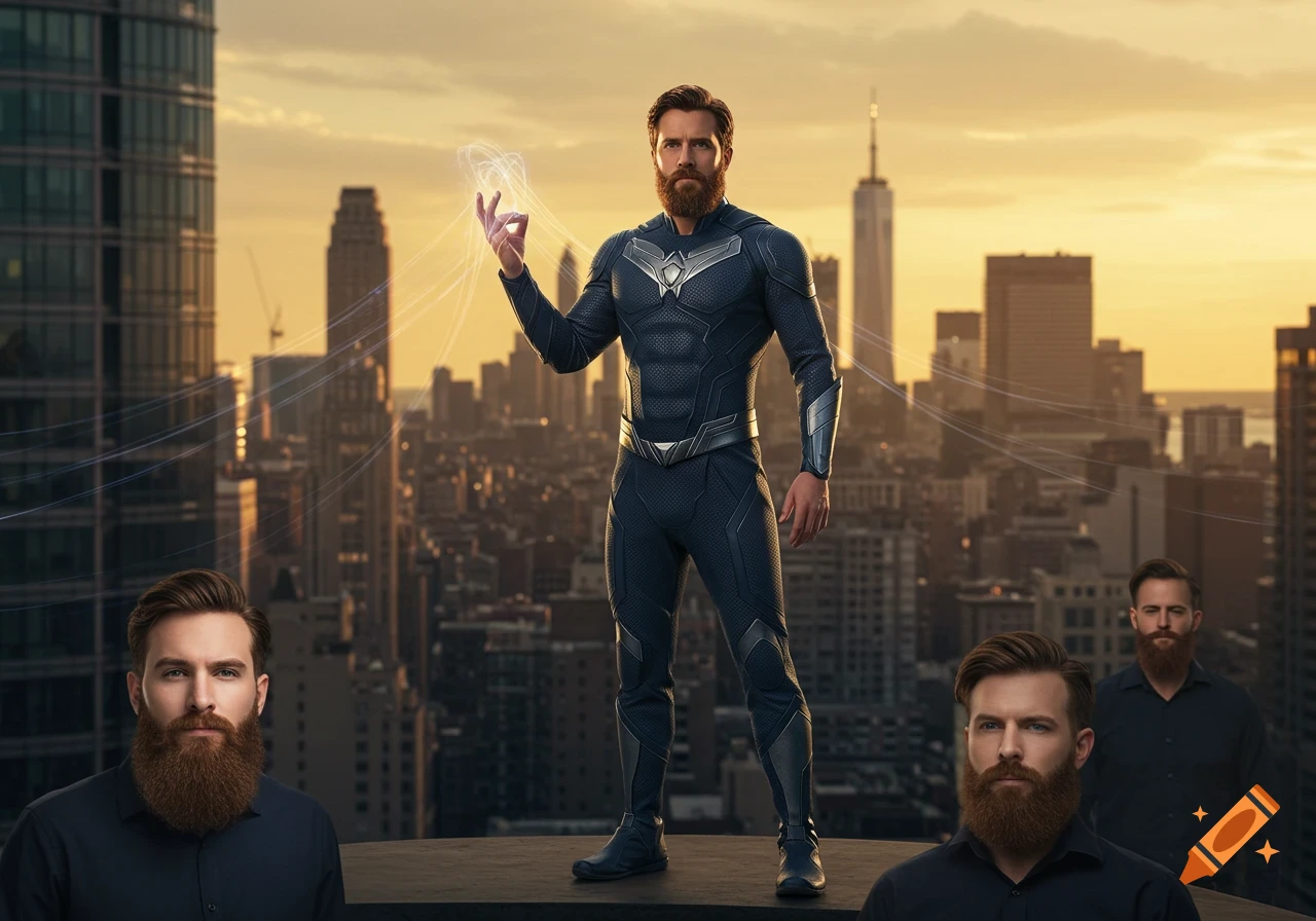A photorealistic image of a bearded superhero on a skyscraper rooftop overlooking a city, surrounded by other bearded men.