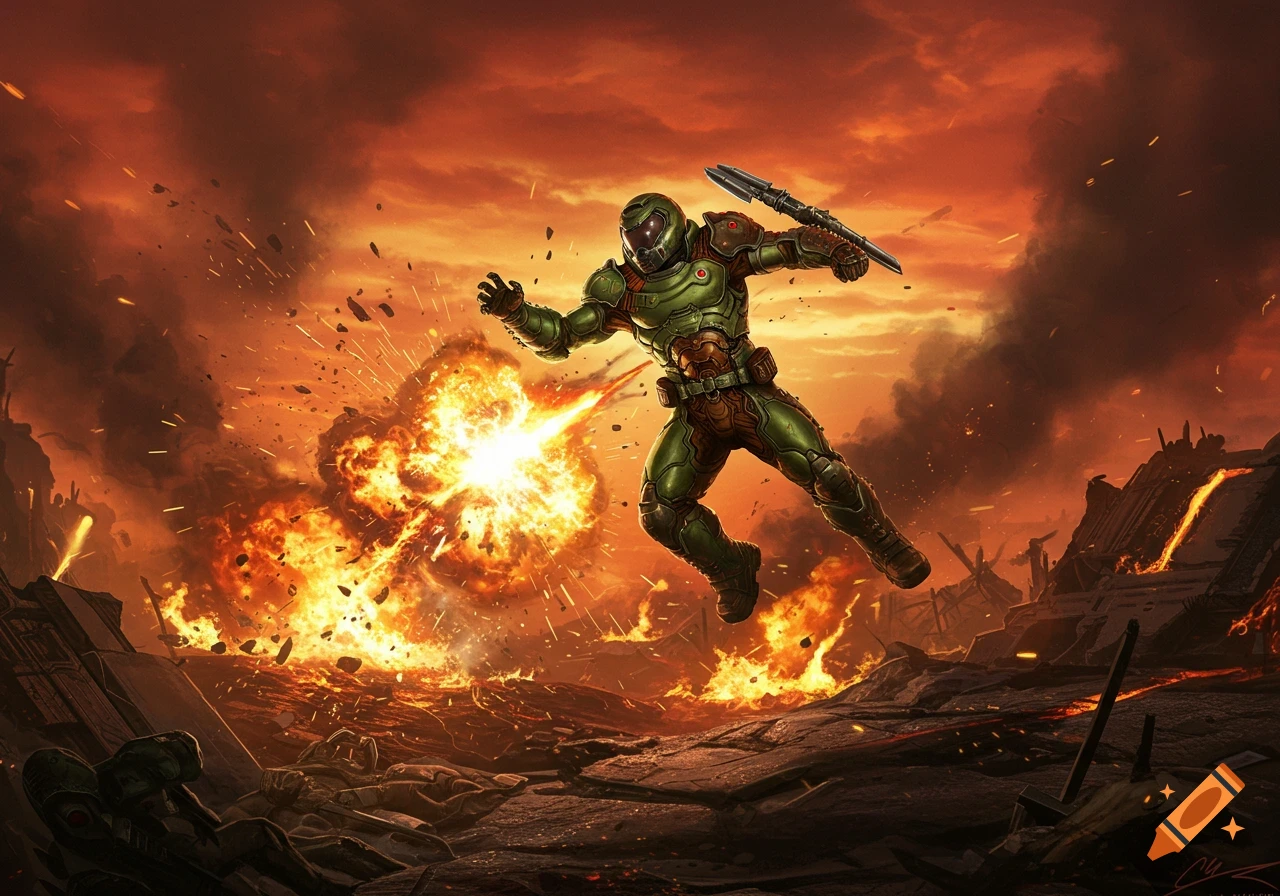 Doomguy jumps to escape a large explosion in a fiery, destroyed landscape, depicted in a video game art style.