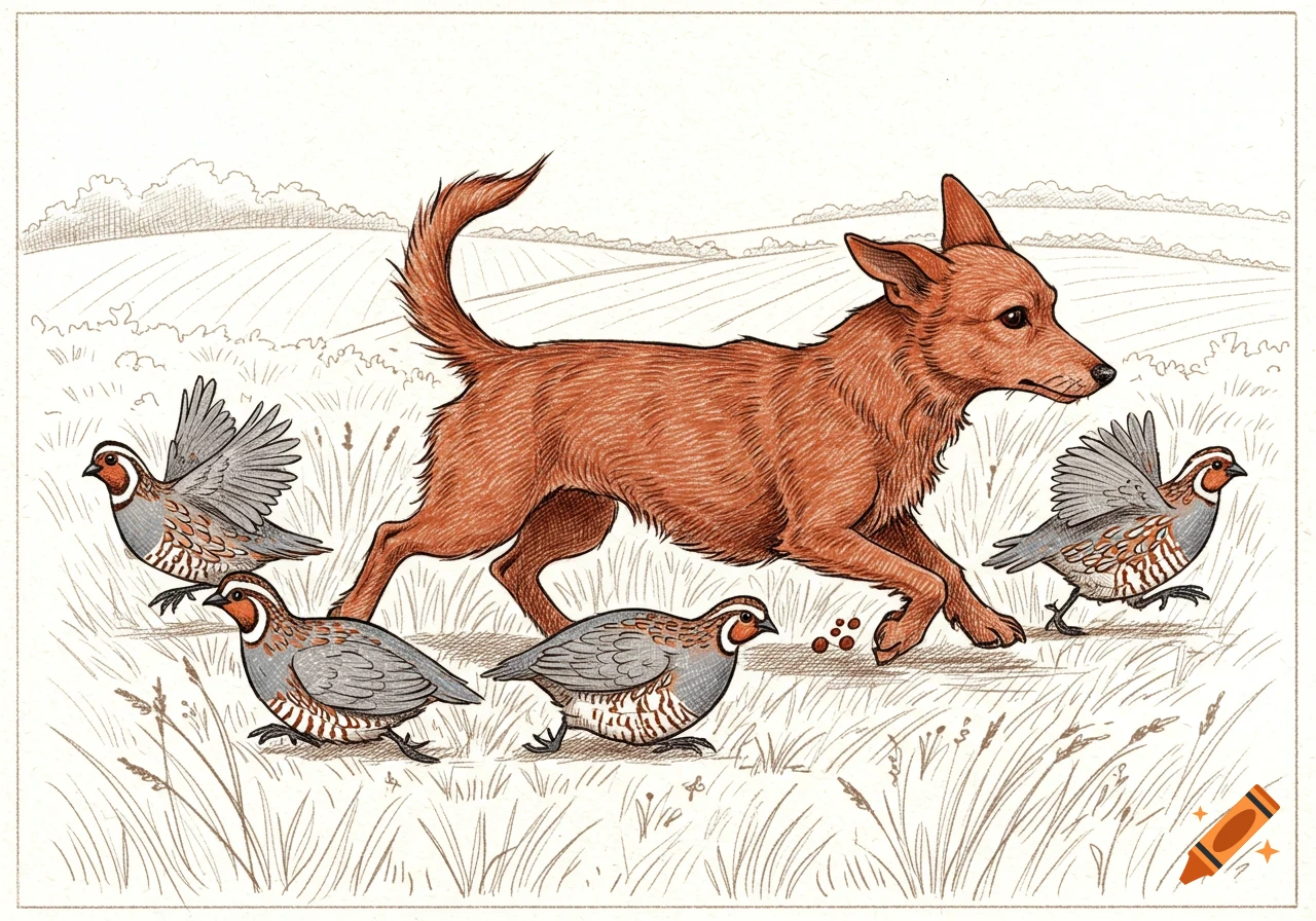 A line drawing of a reddish-brown dog herding four quail in a grassy field with a distant landscape.