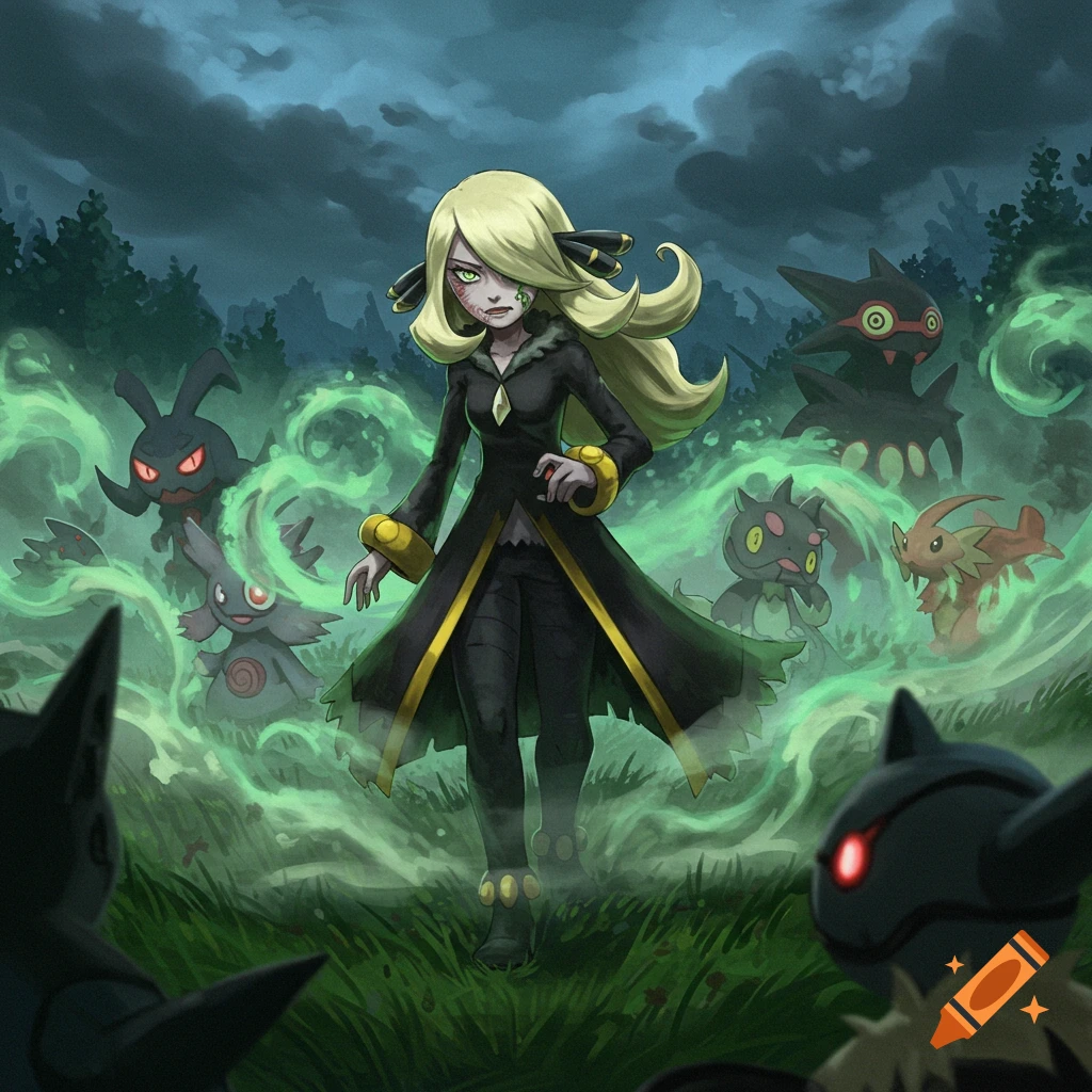 Cynthia from Pokémon looking unwell amidst green poison gas and several ghost-type Pokémon in a dark forest.