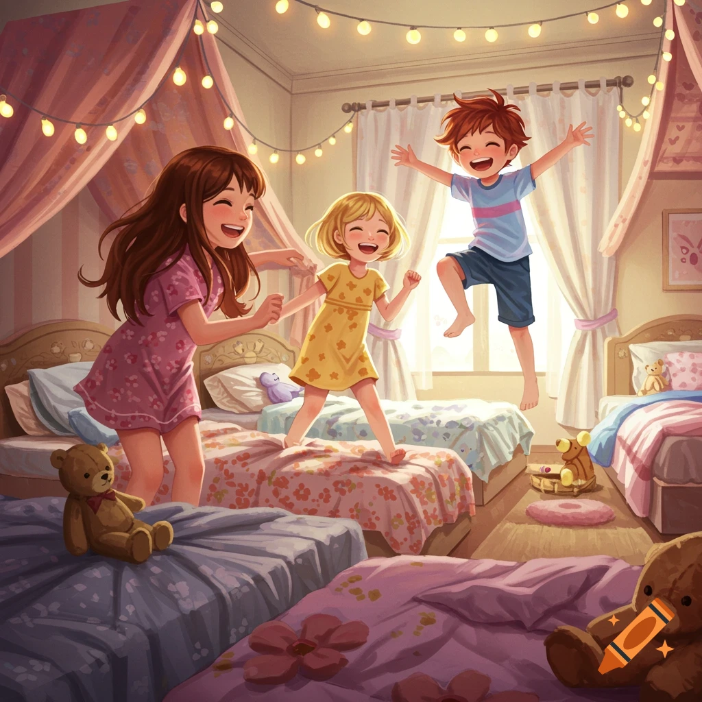 Two happy children jump on beds in a colorful, illustrated bedroom adorned with fairy lights.
