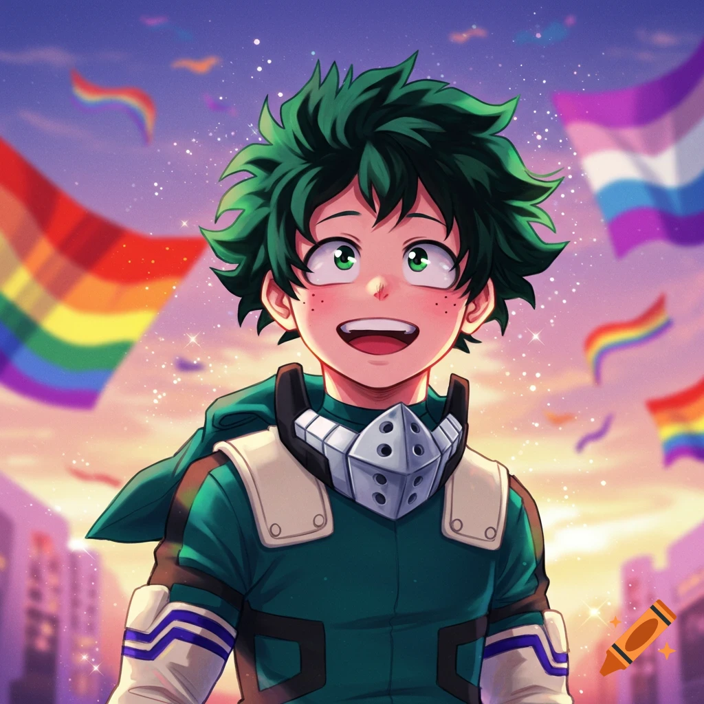 Izuku Midoriya with green hair smiles brightly, surrounded by rainbow and transgender flags, set against a sparkly sunset city.