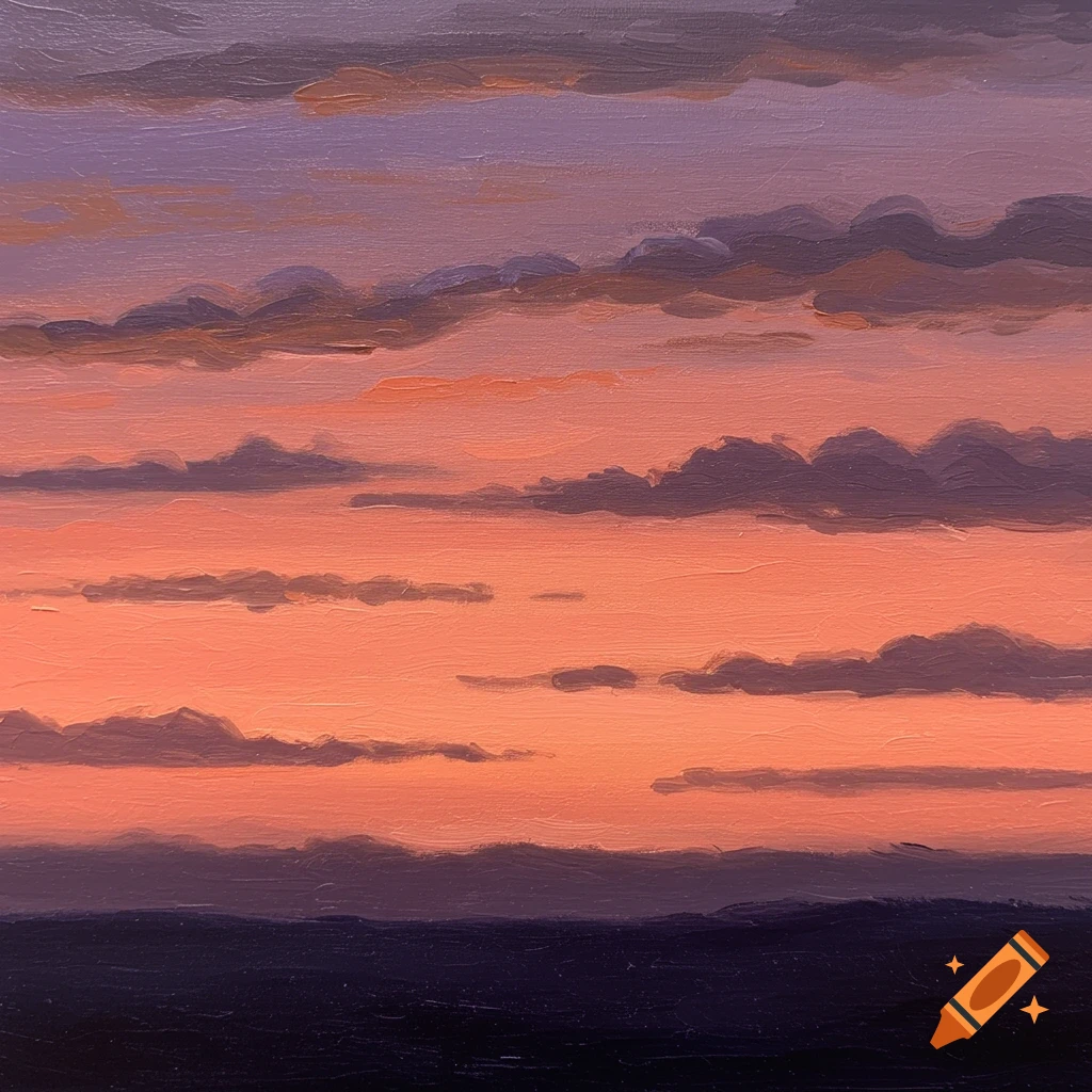 Oil painting of a vibrant orange and purple sunset sky with dark clouds over a dark horizon.