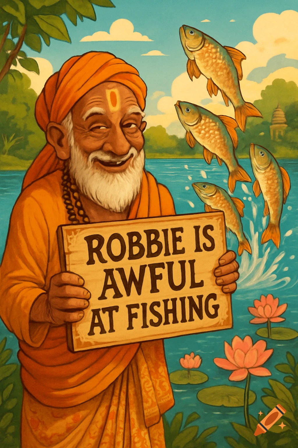 An illustration of an old man in orange robes holding a sign that reads 'Robbie is awful at fishing,' with fish jumping from a lake.