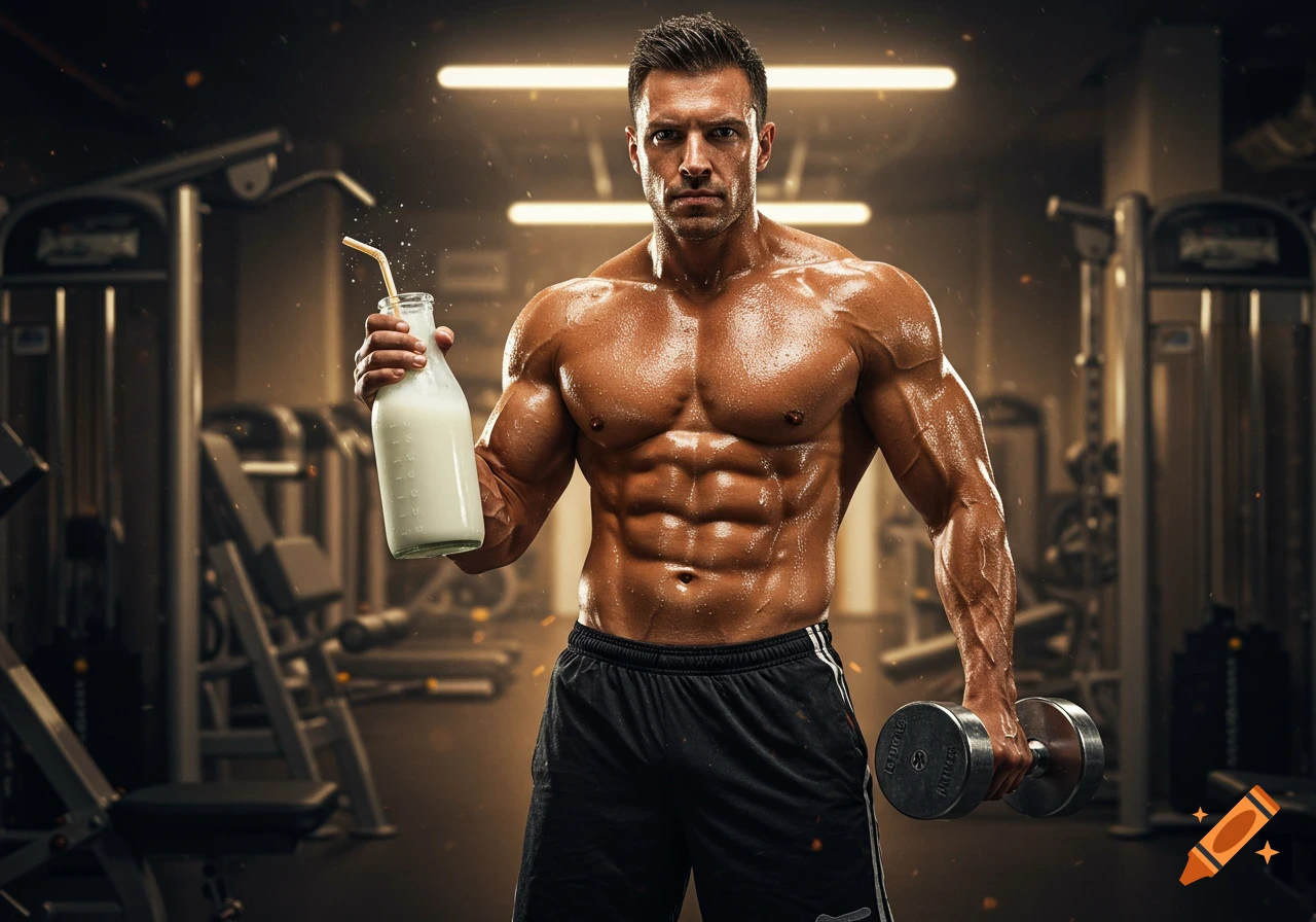 Muscular man in a gym holding a bottle of milk and a dumbbell, looking intensely at the camera.