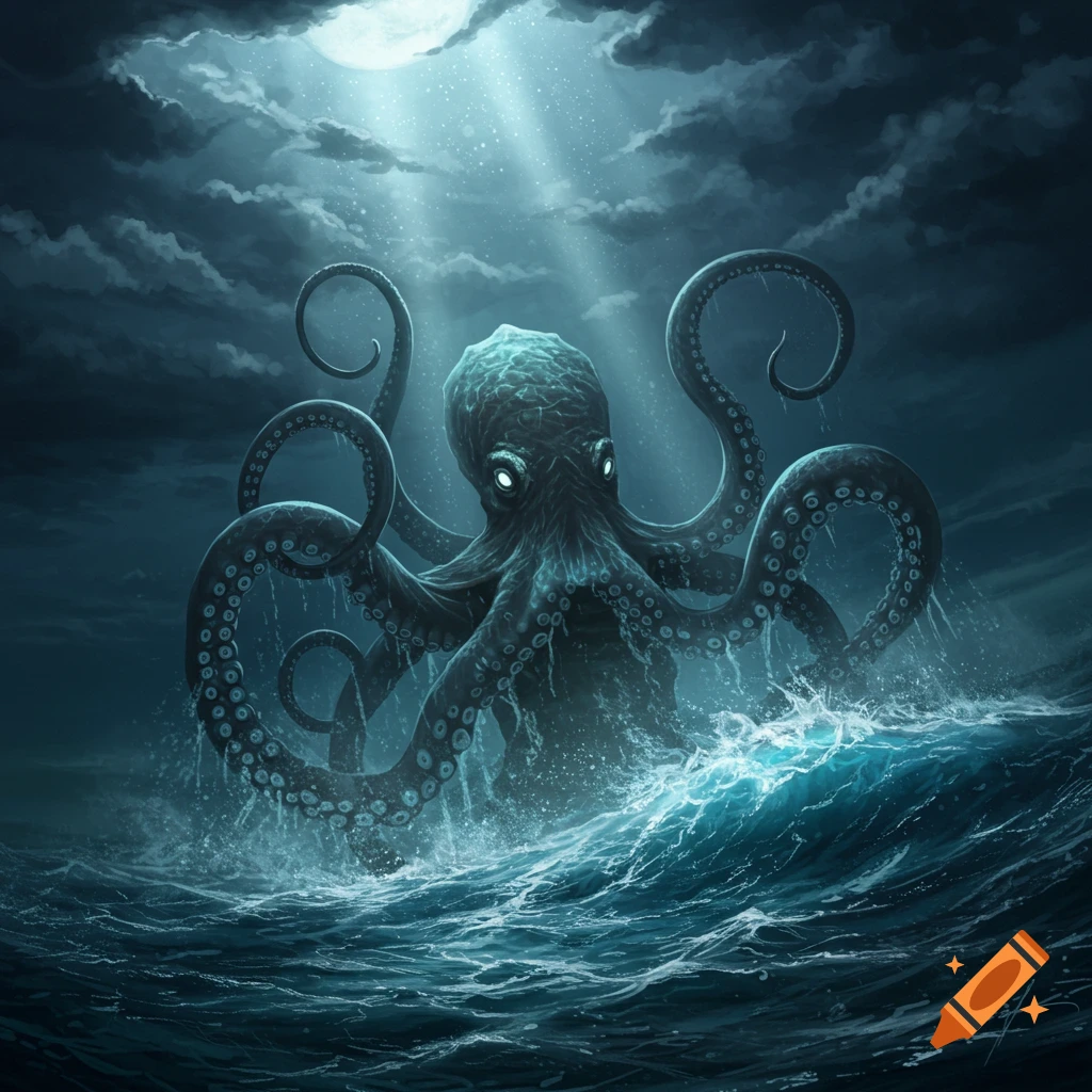 A giant kraken with glowing eyes emerges from rough, dark ocean waves under a bright moonlit sky.