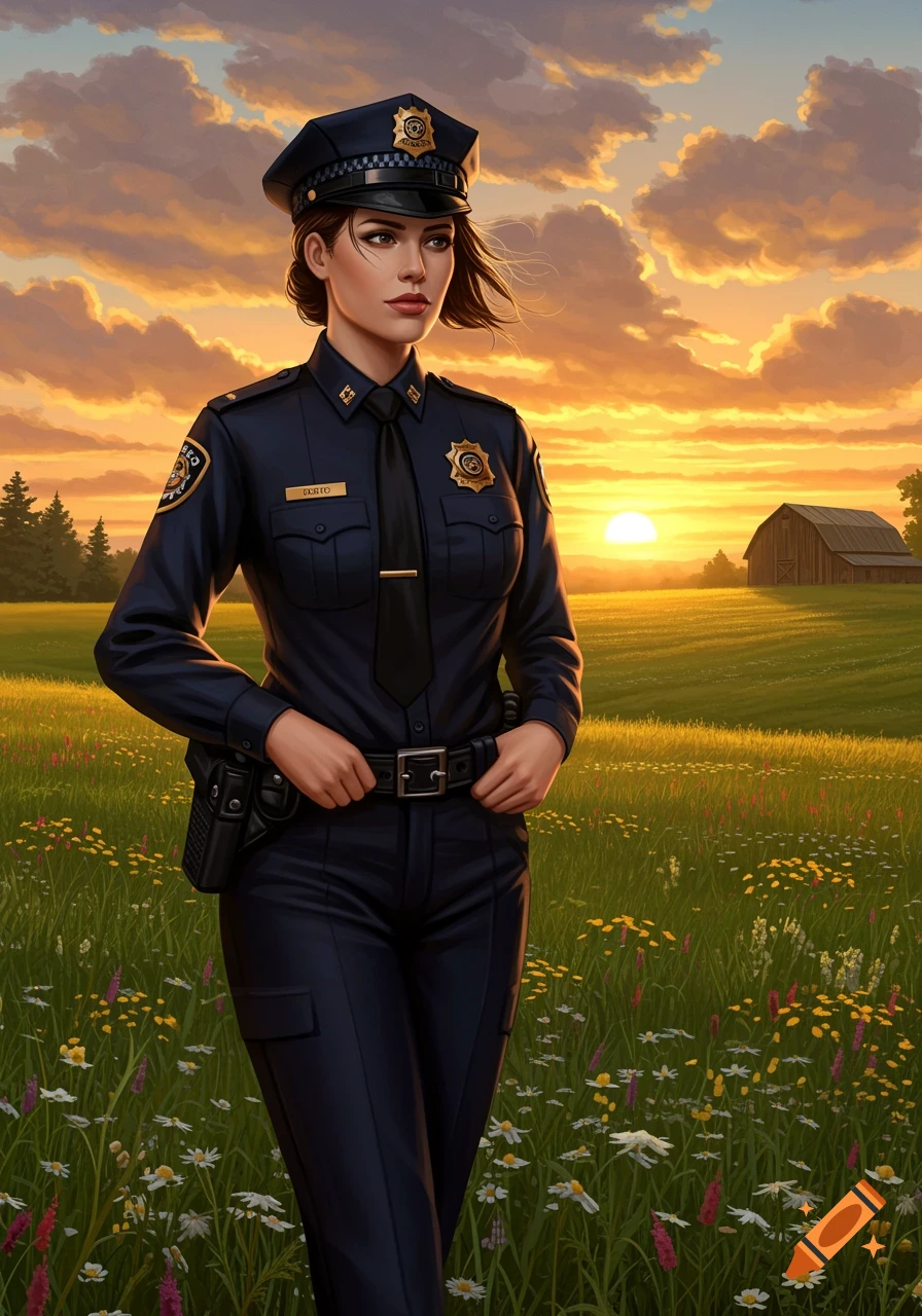 A policewoman in uniform stands in a grassy field with wildflowers during a sunset.