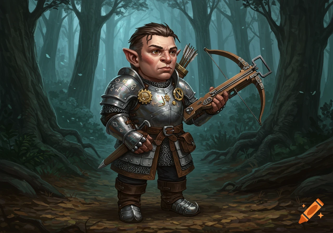A heavily armored gnome artificer holds a crossbow in a mystical forest.