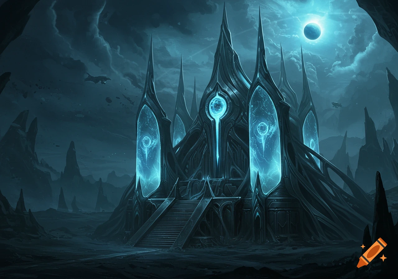 A dark, spired, futuristic temple glowing with blue light stands on a desolate alien landscape under a large blue moon.