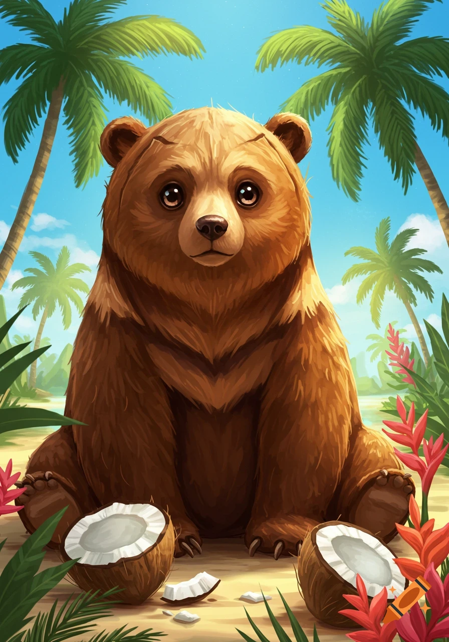 A cute cartoon bear sits on a sandy beach surrounded by palm trees and broken coconuts under a blue sky.