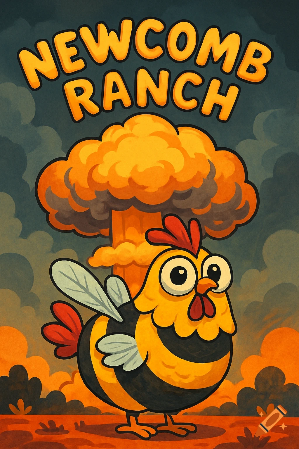 A cartoon chicken with bee stripes and wings stands in front of a yellow mushroom cloud. Above, text reads 'NEWCOMB RANCH'.