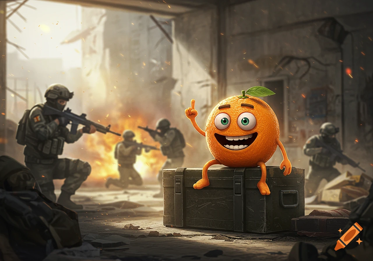 A smiling cartoon orange character with arms and legs sits on a military crate in a war-torn city. Soldiers with guns are in the blurry background, amidst fire and debris.