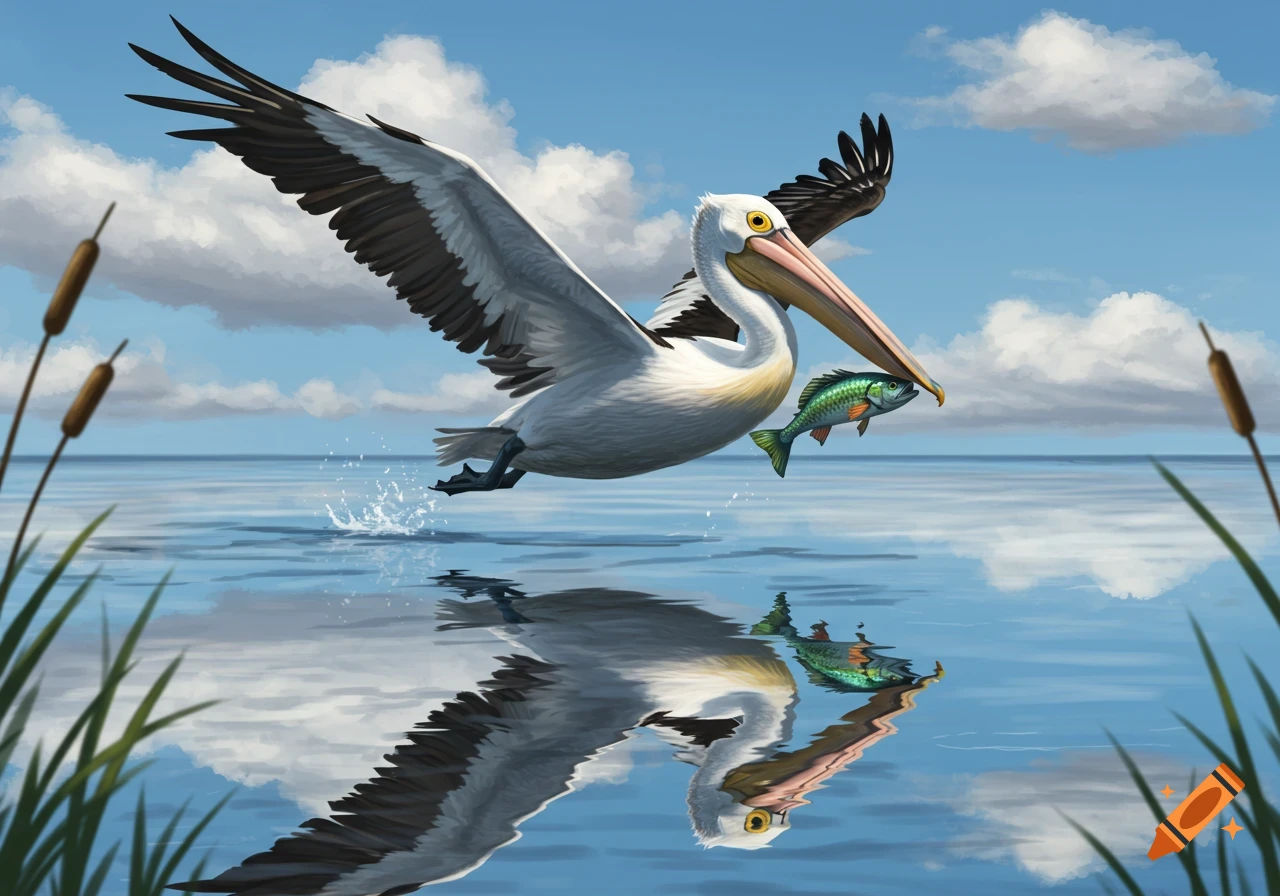 A white pelican with black wings flies low over a body of water, holding a green fish in its large bill, with its reflection visible below and cattails on the sides.