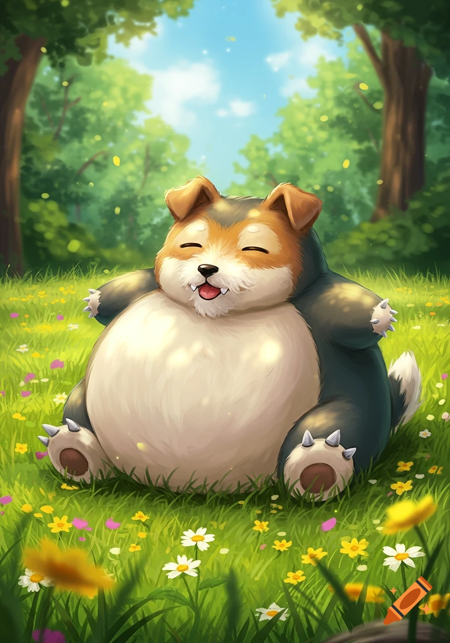 A very fat, happy cartoon dog with brown, black, and white fur sits smiling in a bright green grassy field filled with colorful flowers.