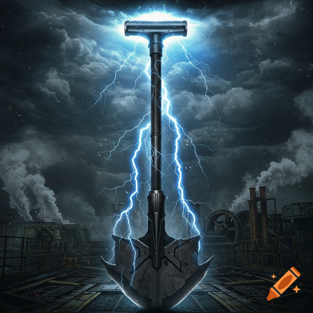 A stylized, dark shovel with a T-handle is struck by bright blue lightning against a stormy, industrial background with smokestacks.