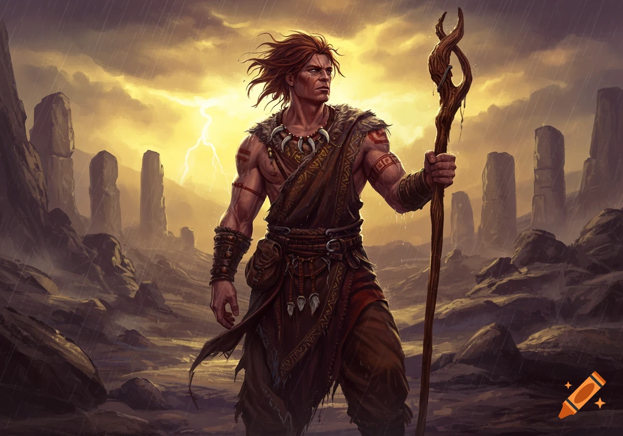A muscular man in tribal clothing holds a gnarled staff in a rocky, stormy landscape with lightning.