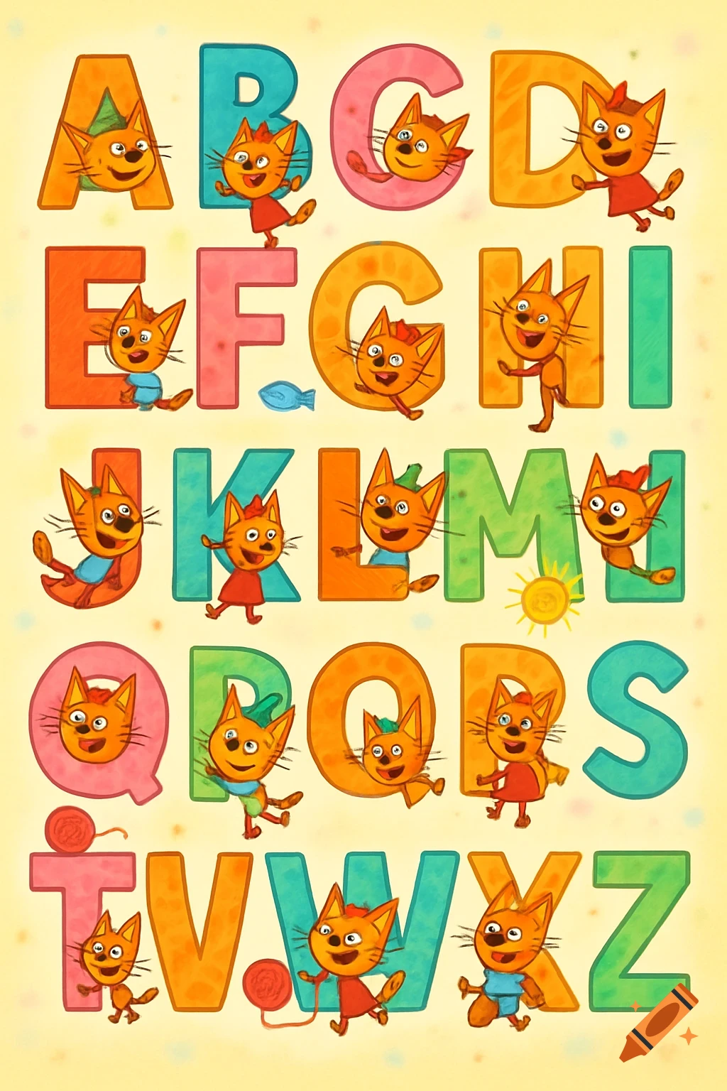Colorful alphabet chart with cartoon cats interacting with each letter from A to Z, in a children's illustration style.