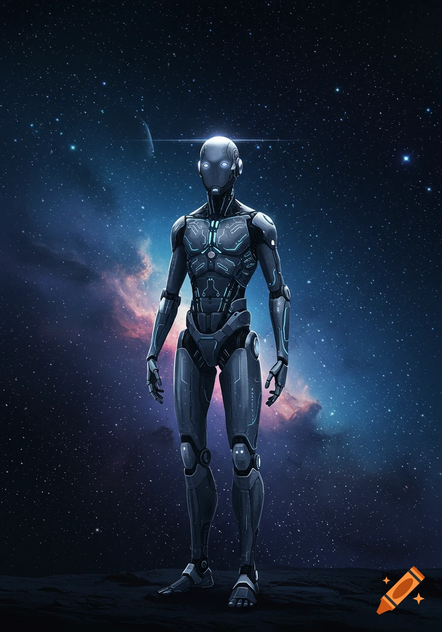 A sleek, metallic robot stands on a barren planet surface, gazing up at a vibrant nebula and starry sky.