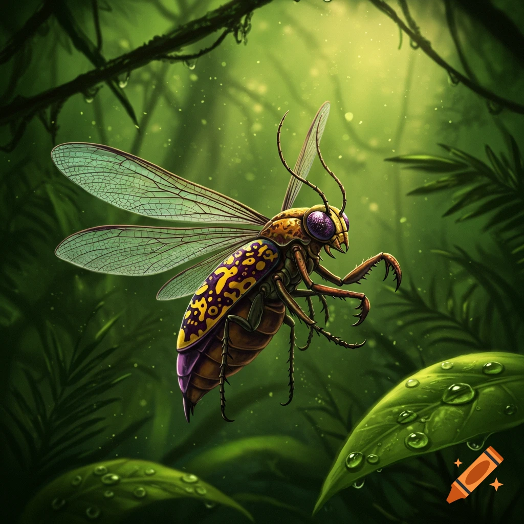 A fantastical insect with yellow, purple, and black patterns on its body and translucent wings, flying in a lush green jungle.