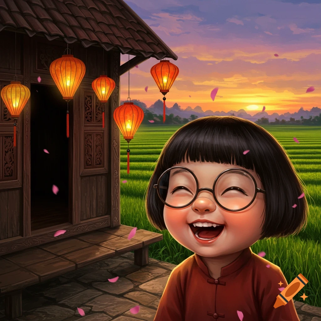 A smiling Vietnamese child with a bowl cut and glasses stands outside a traditional wooden house with lanterns, amidst rice fields at sunset.