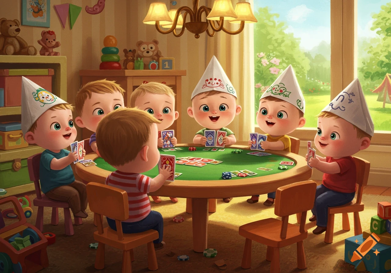 Cartoon illustration of six happy babies wearing party hats playing poker around a green table.