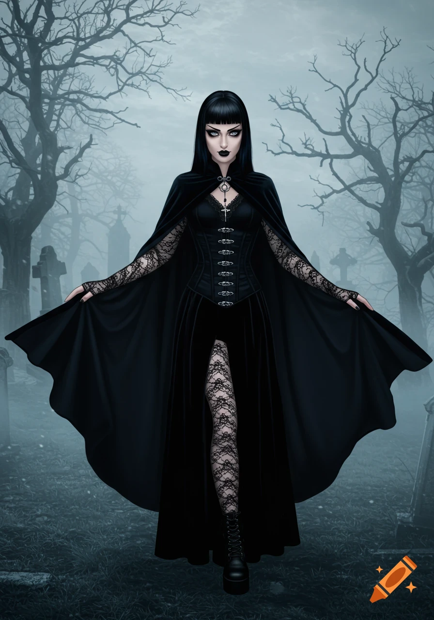 Tall goth girl with bangs wearing a black cape, corset, and lace stockings, standing in a misty cemetery.