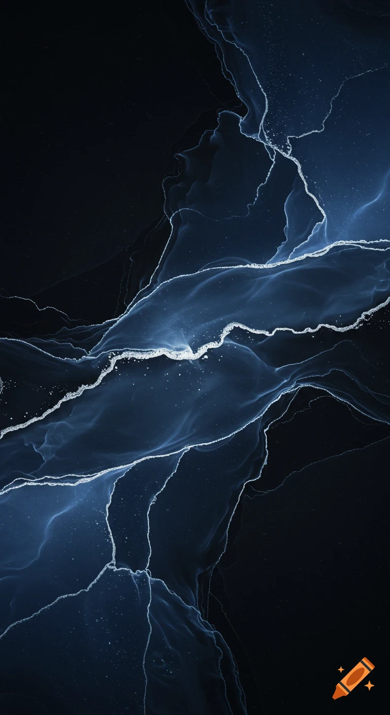 Abstract fluid art with flowing blue and white lines on a dark background.