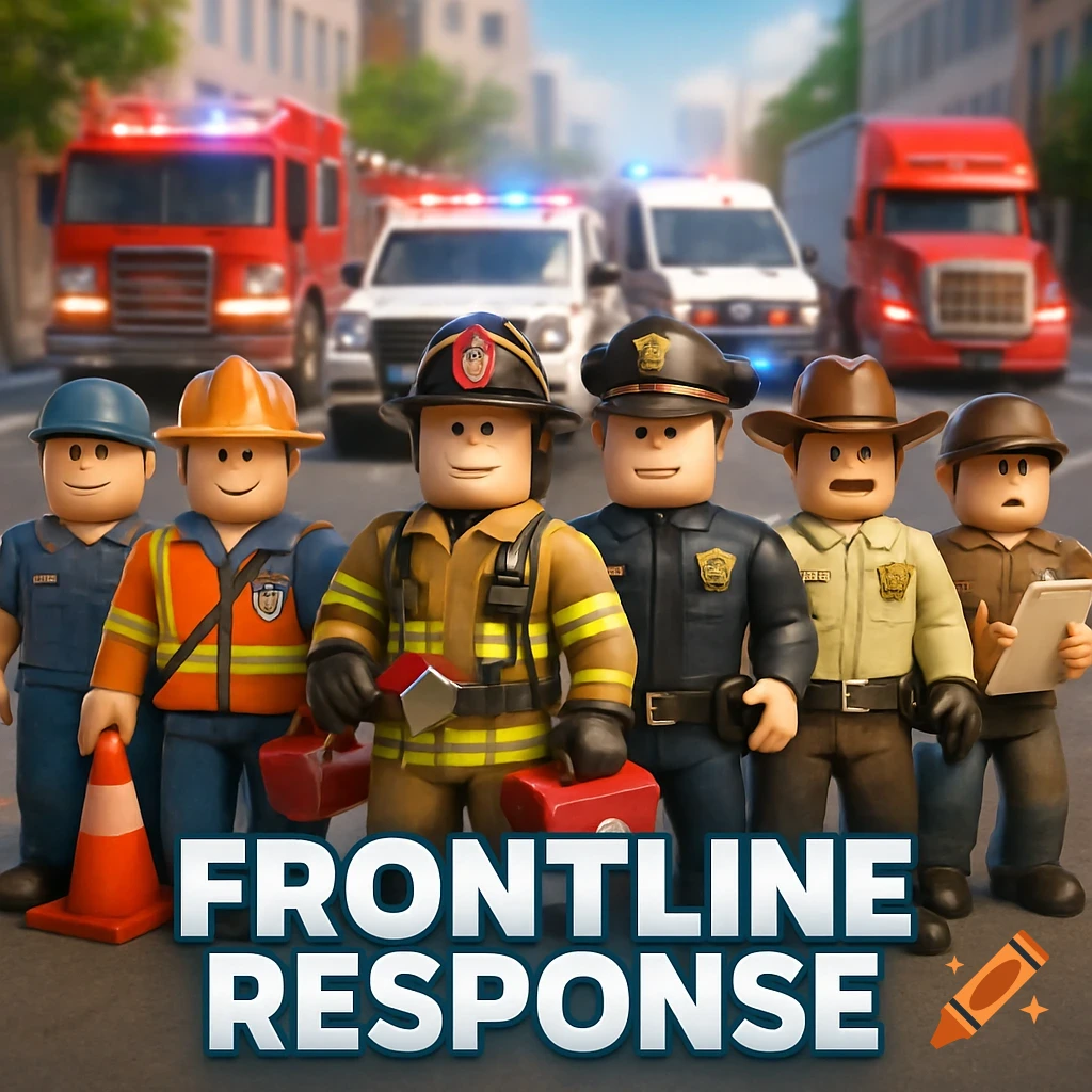 Six Roblox-style frontline worker characters including a firefighter and police officer stand in front of emergency vehicles. Text: Frontline Response.