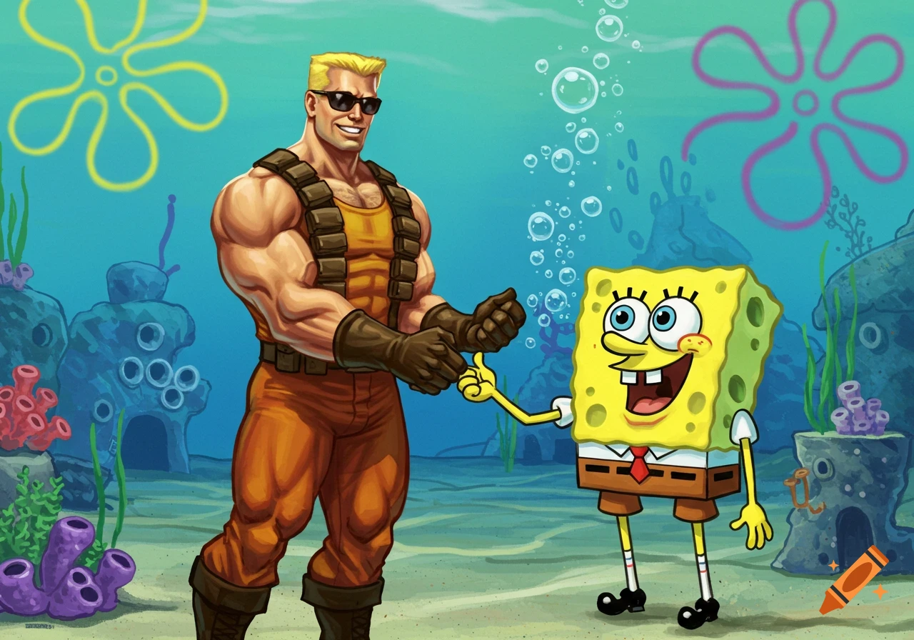 Duke Nukem and SpongeBob shake hands in an underwater cartoon scene.