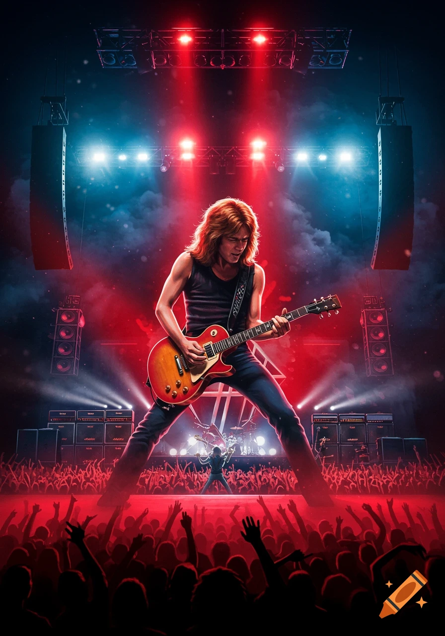 A male guitarist with long hair performs on stage under red and blue lights, with a large crowd raising their hands in front of him.