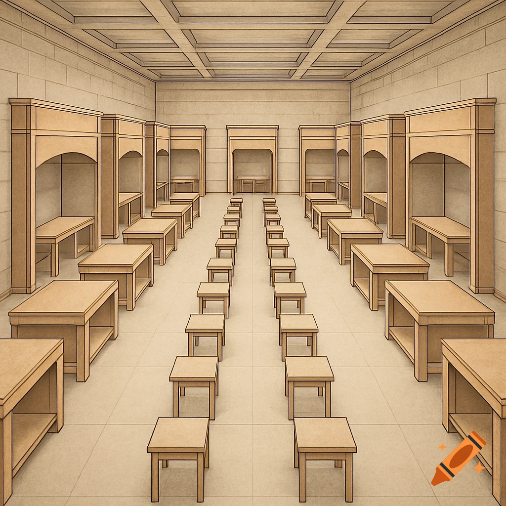 An illustration of a large empty hall with light-colored walls and floor, featuring rows of wooden booths along the side walls and two central columns of smaller wooden tables.