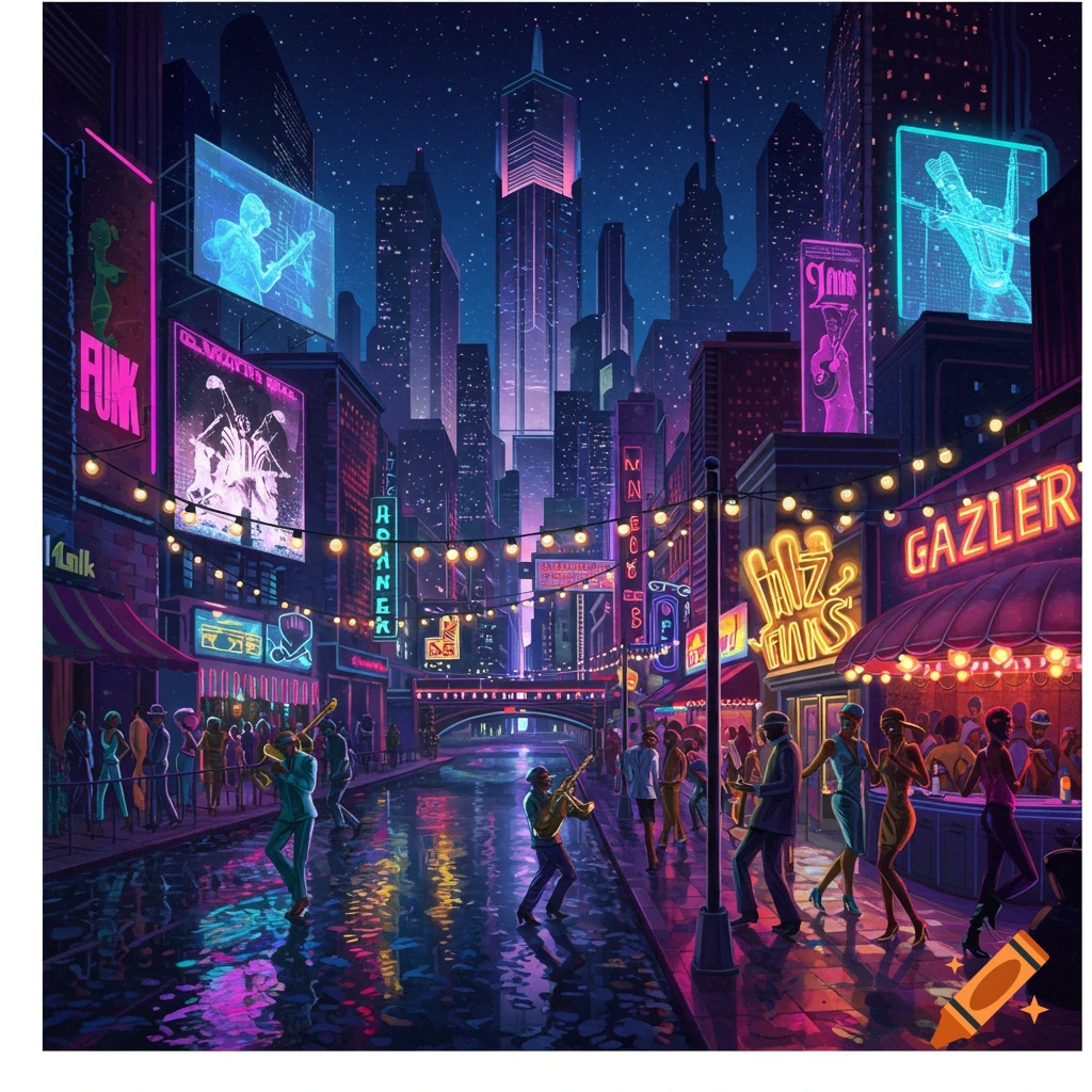 A vibrant, futuristic city street at night, illuminated by neon signs and string lights, with people enjoying jazz and funk music along a reflective canal.