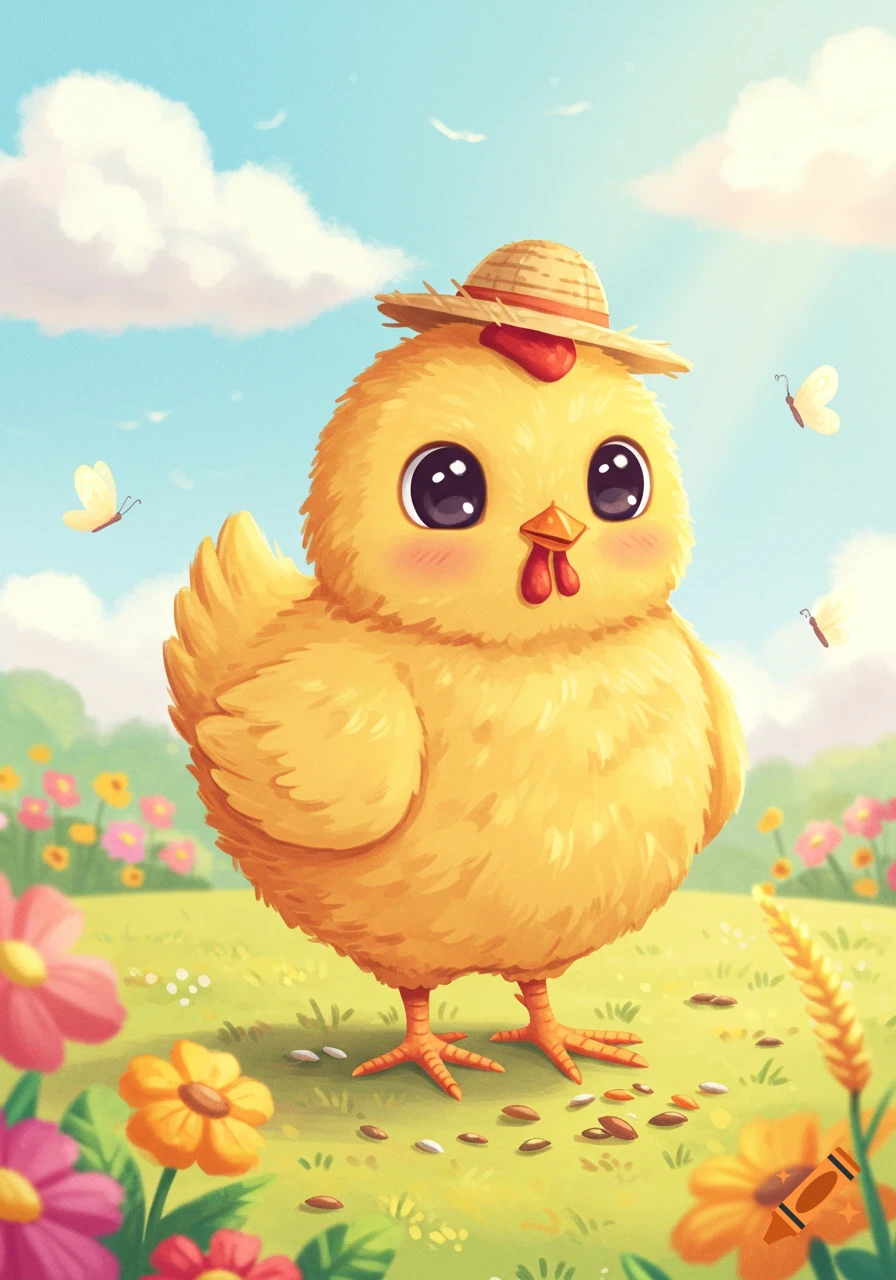 A cute yellow cartoon chick wearing a straw hat stands in a field of colorful flowers under a blue sky with clouds and butterflies.