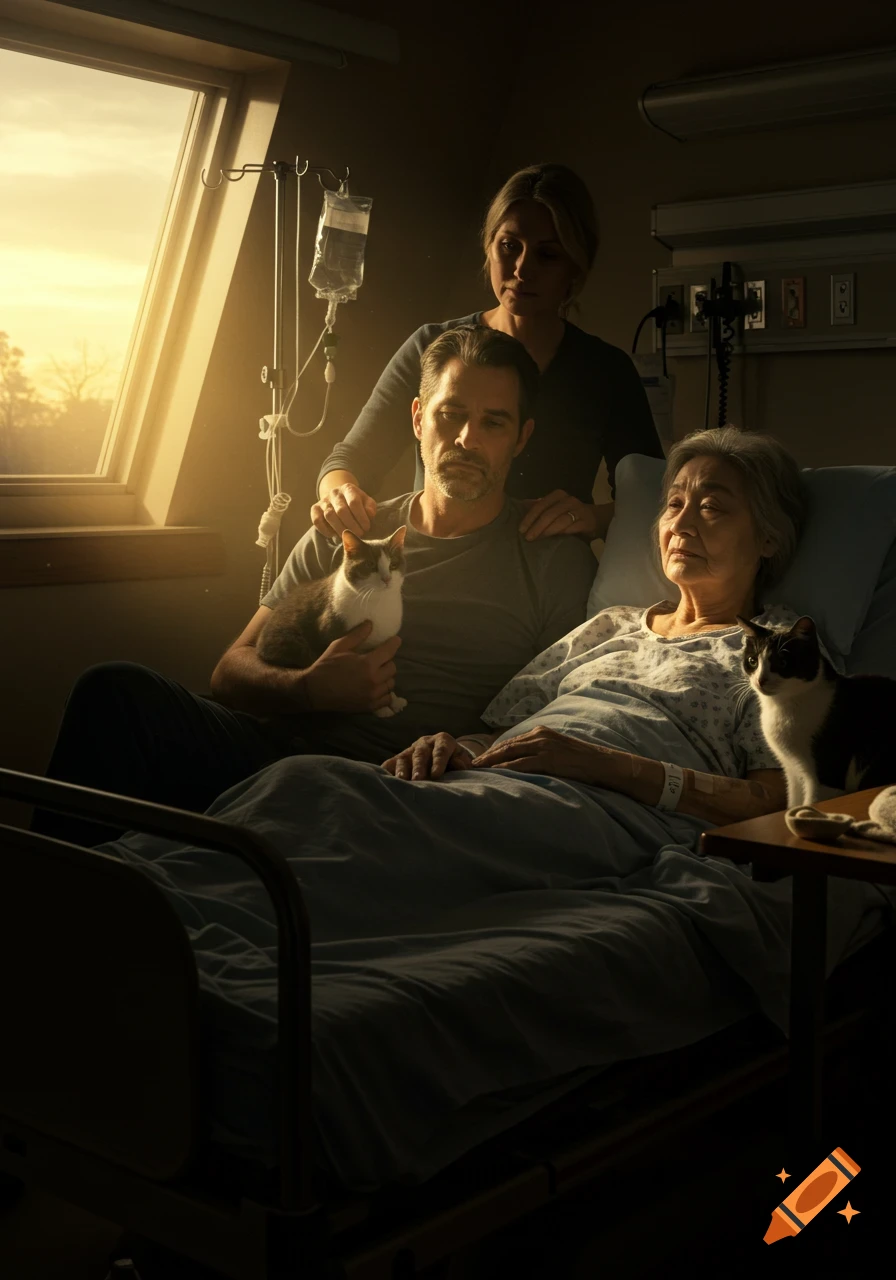 A somber family is in a dimly lit hospital room with two cats. A man holds a cat, a woman stands behind him, and an elderly woman lies in the bed with another cat beside her.