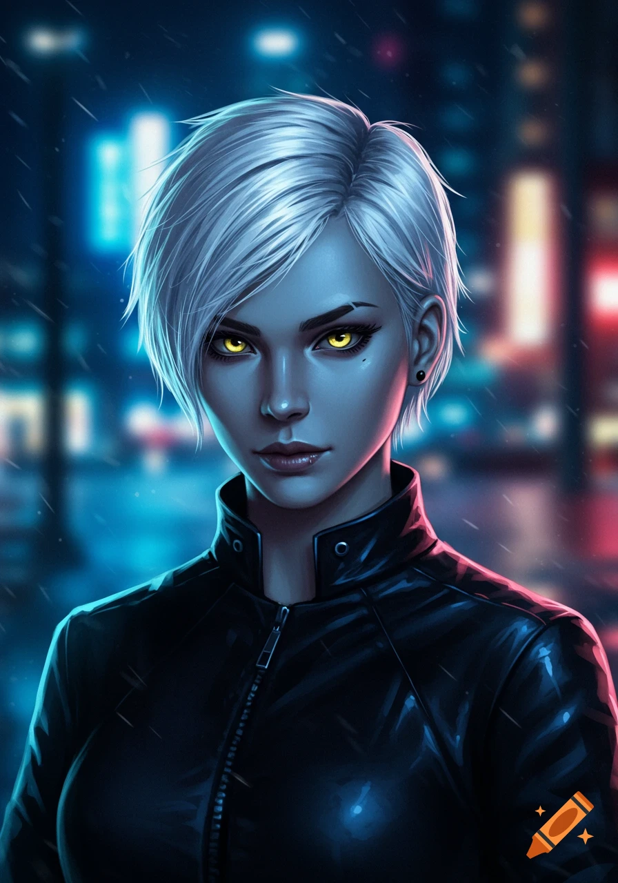 A stylized portrait of a woman with short white hair and glowing yellow eyes, wearing a black leather jacket, with blurred city lights in the background.