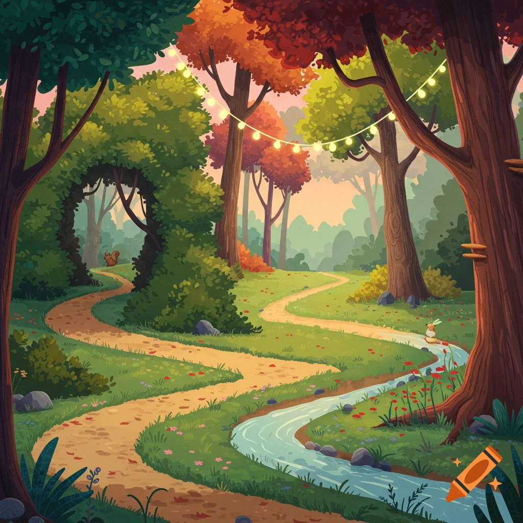 Cartoon forest glade with winding path, stream, and autumn trees. String lights hang above, with a squirrel and rabbit visible.
