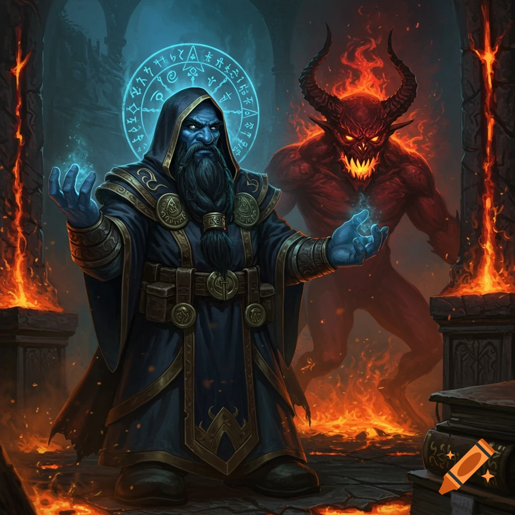 A blue-skinned dwarf wizard with a long dark beard casts a spell, illuminated by a glowing runic circle. Behind him, a fiery red demon with horns stands in a dark, lava-filled dungeon.