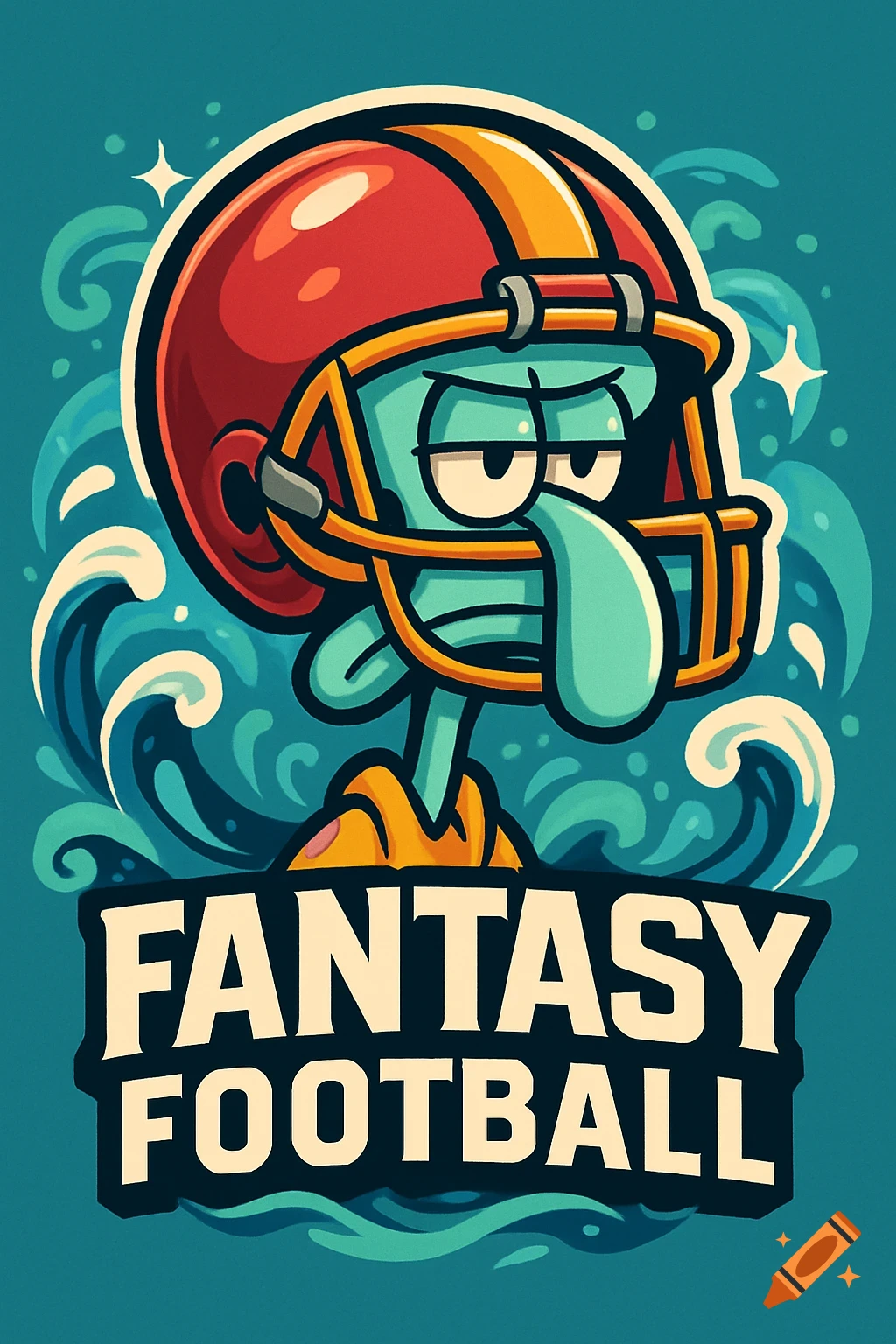 Cartoon style logo featuring a grumpy Squidward in a red football helmet with water splashes, text reads "FANTASY FOOTBALL".
