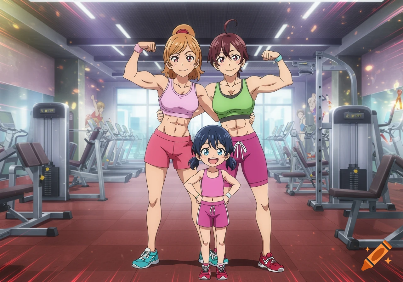 Two muscular anime women and a child flex their biceps in a gym.