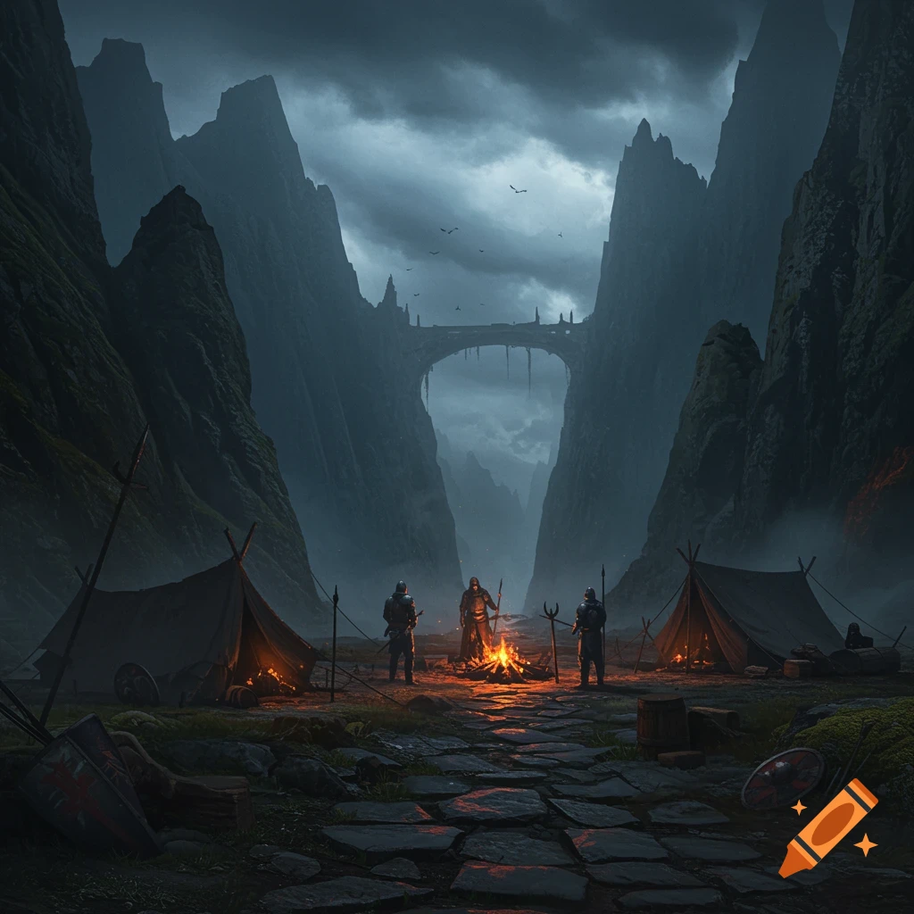 Armored soldiers camp by a campfire between towering dark mountains, a foreboding bridge in the distance.