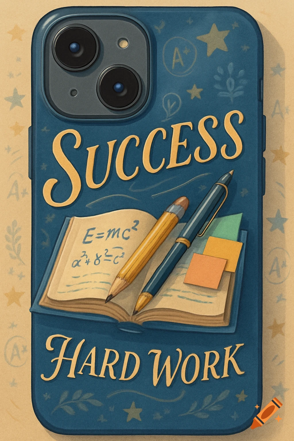 A blue iPhone case decorated with school-themed items like an open book, pencils, and sticky notes. The case features large text that reads 'SUCCESS' and 'HARD WORK', with 'A+' grades and stars in the background.