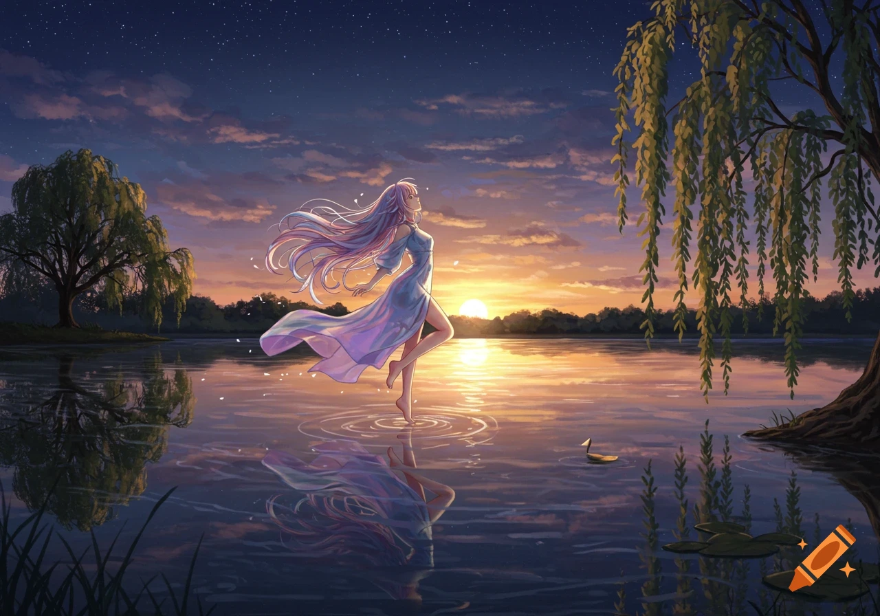An anime girl with long, flowing pink hair levitates over a serene lake at sunset, with willow trees on both banks.