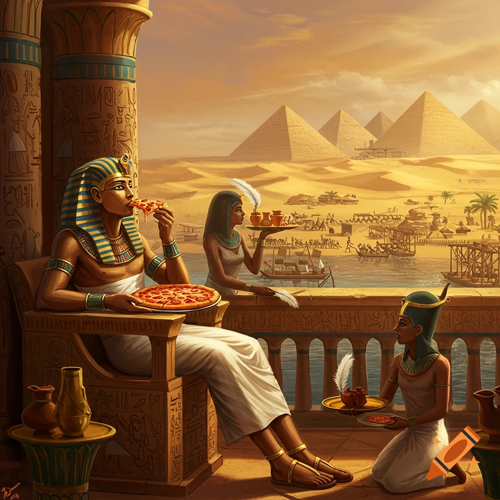 A pharaoh in ancient Egypt sits on a balcony eating pizza, overlooking a river with workers and boats, and pyramids in the desert.