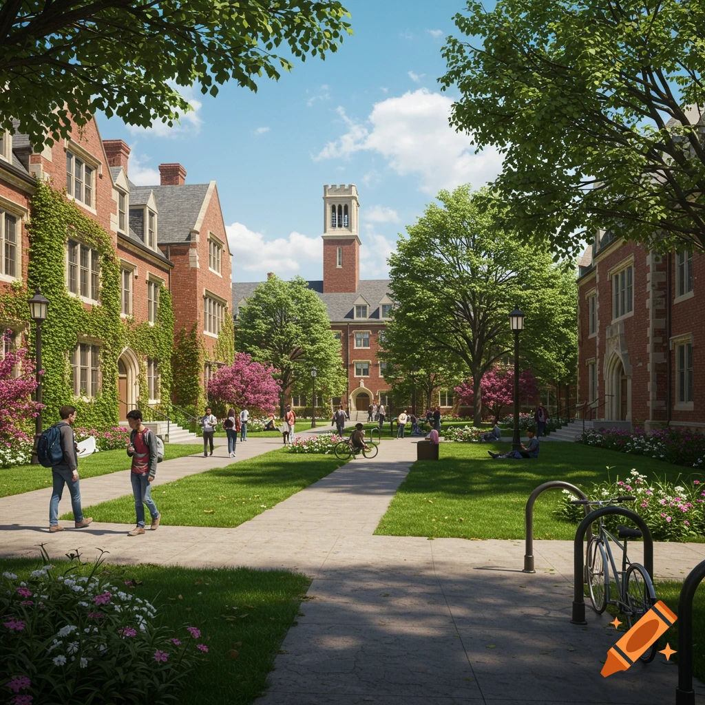 A sunny college campus quad with students walking among brick buildings, green lawns, and trees with pink and green leaves.